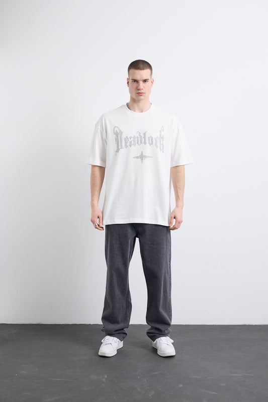 Gri Taş Baskı Detaylı Beyaz T-shirt