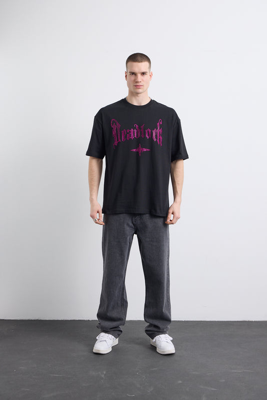 Fuşya Taş Baskı Detaylı Siyah T-shirt