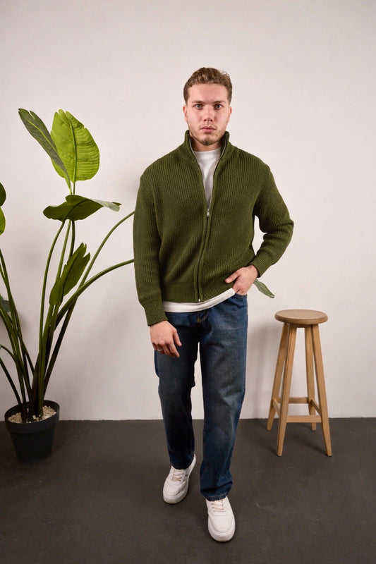 Tam Fermuarlı Triko Kazak Haki