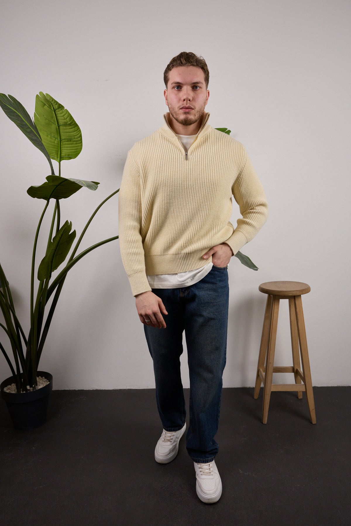 Yarım Fermuarlı Triko Kazak Krem