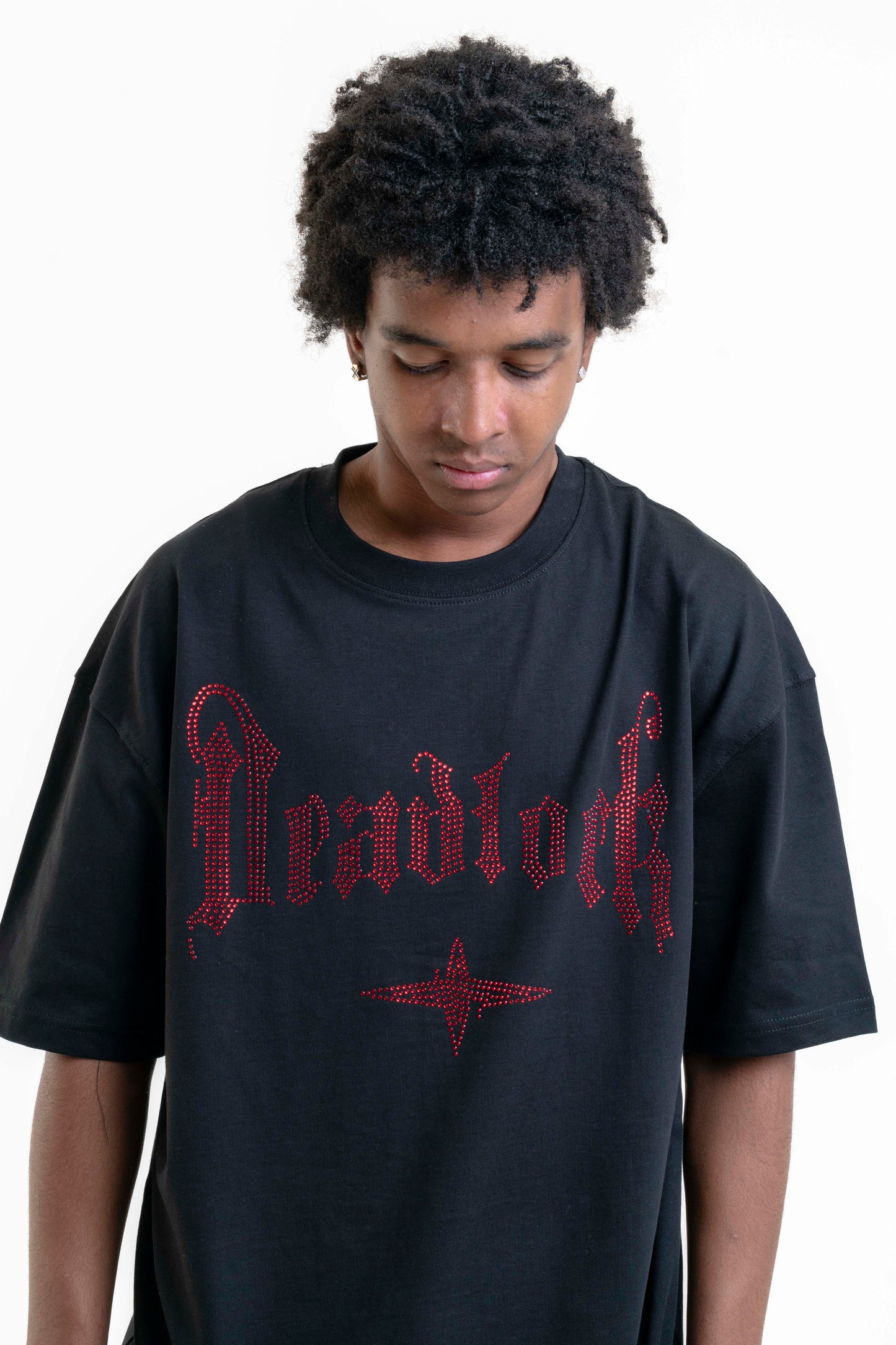 Deadlock Taş Detaylı Oversize T-shirt - Siyah/Kırmızı