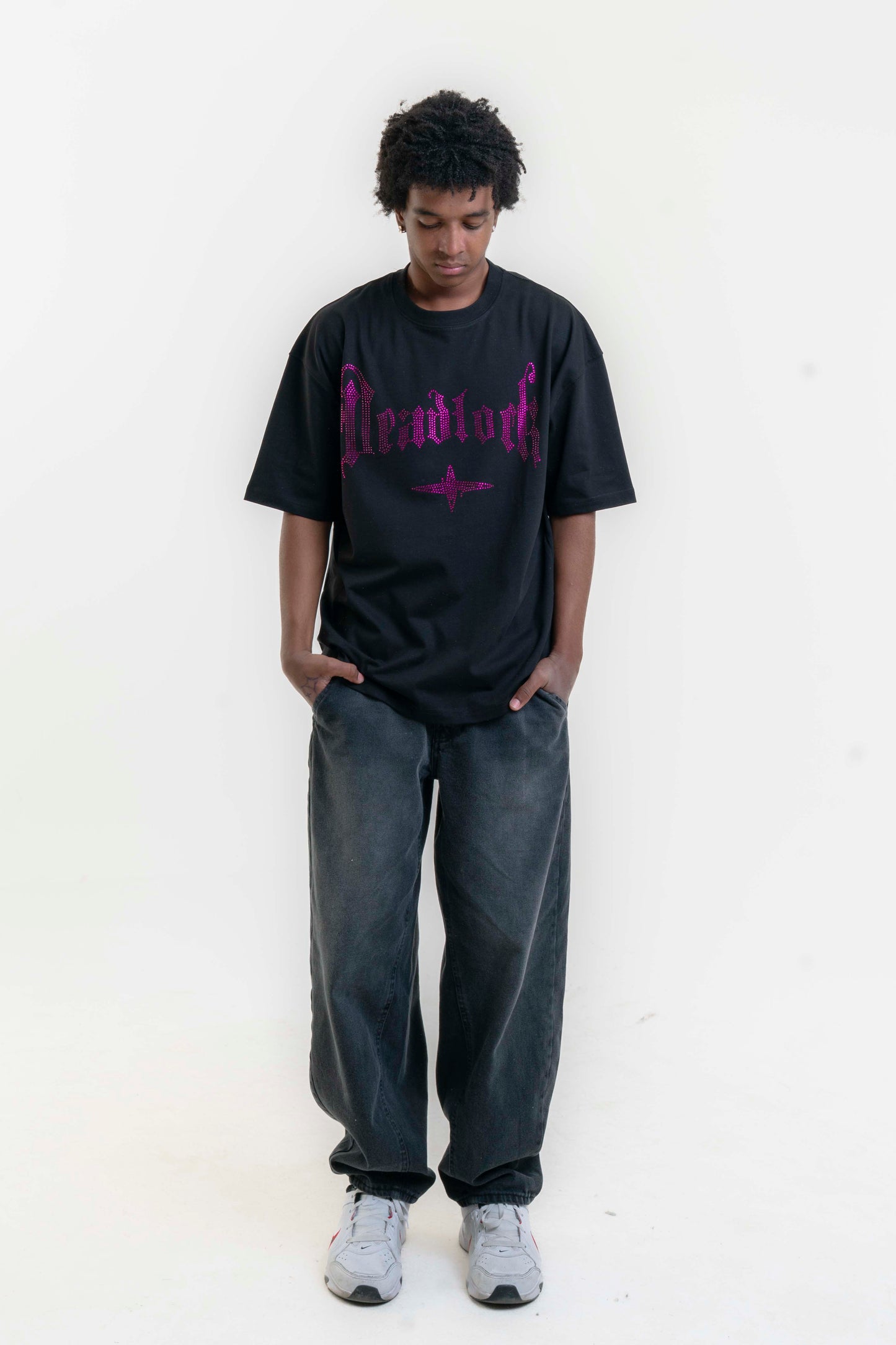 Deadlock Taş Detaylı Oversize T-shirt - Siyah Mor