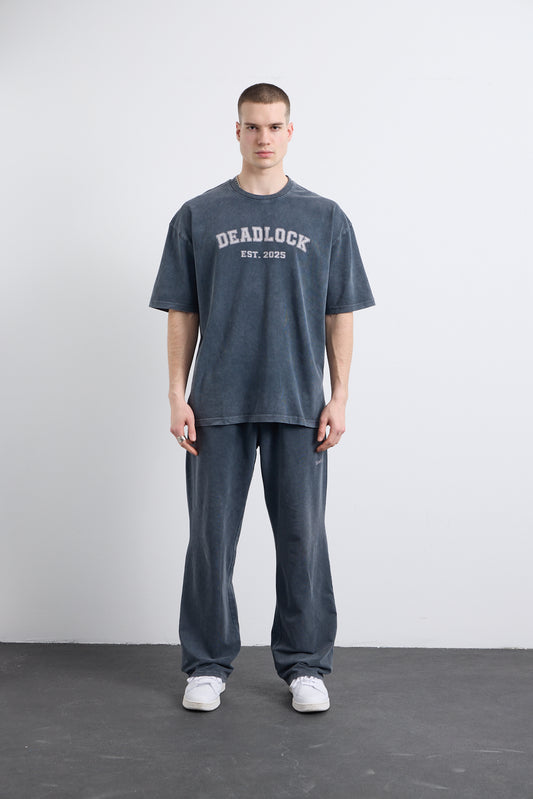 Est 1905 Yıkamalı Baskı Detaylı Gri T-shirt