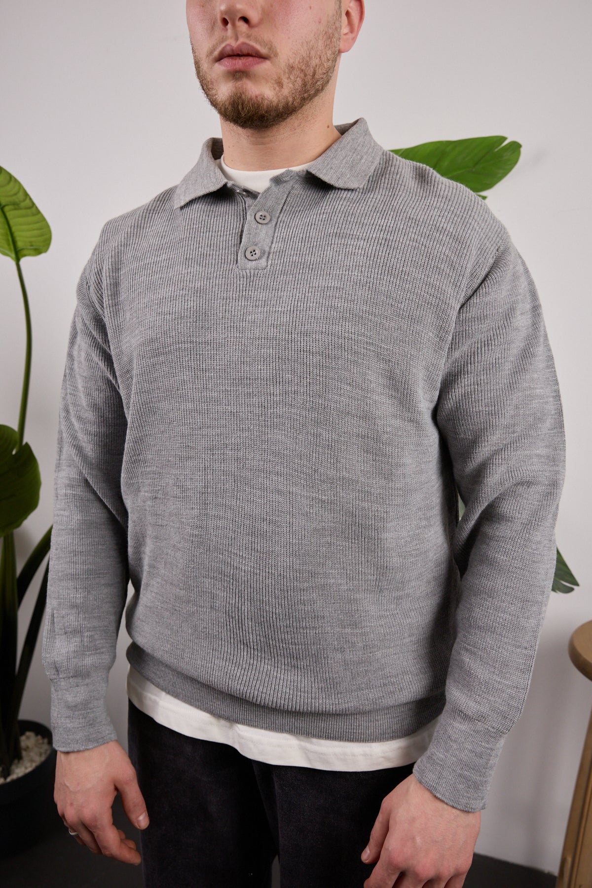 Düğmeli Polo Yaka Kazak Gri