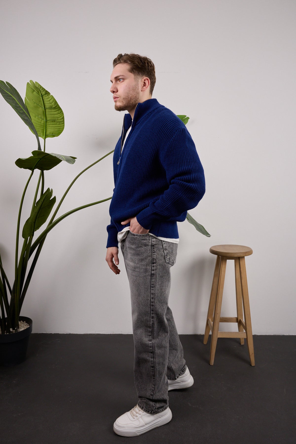 Tam Fermuarlı Triko Kazak Lacivert