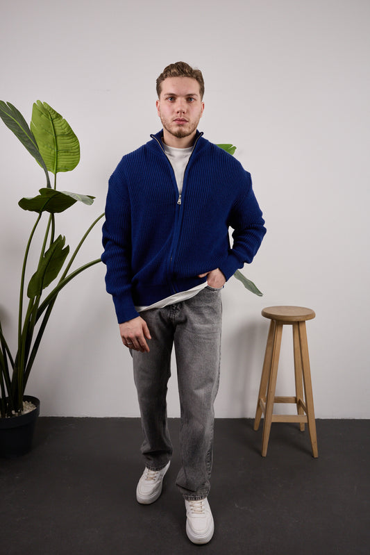 Tam Fermuarlı Triko Kazak Lacivert