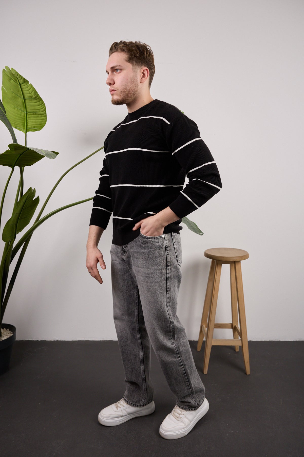 Çizgili Triko Kazak Siyah