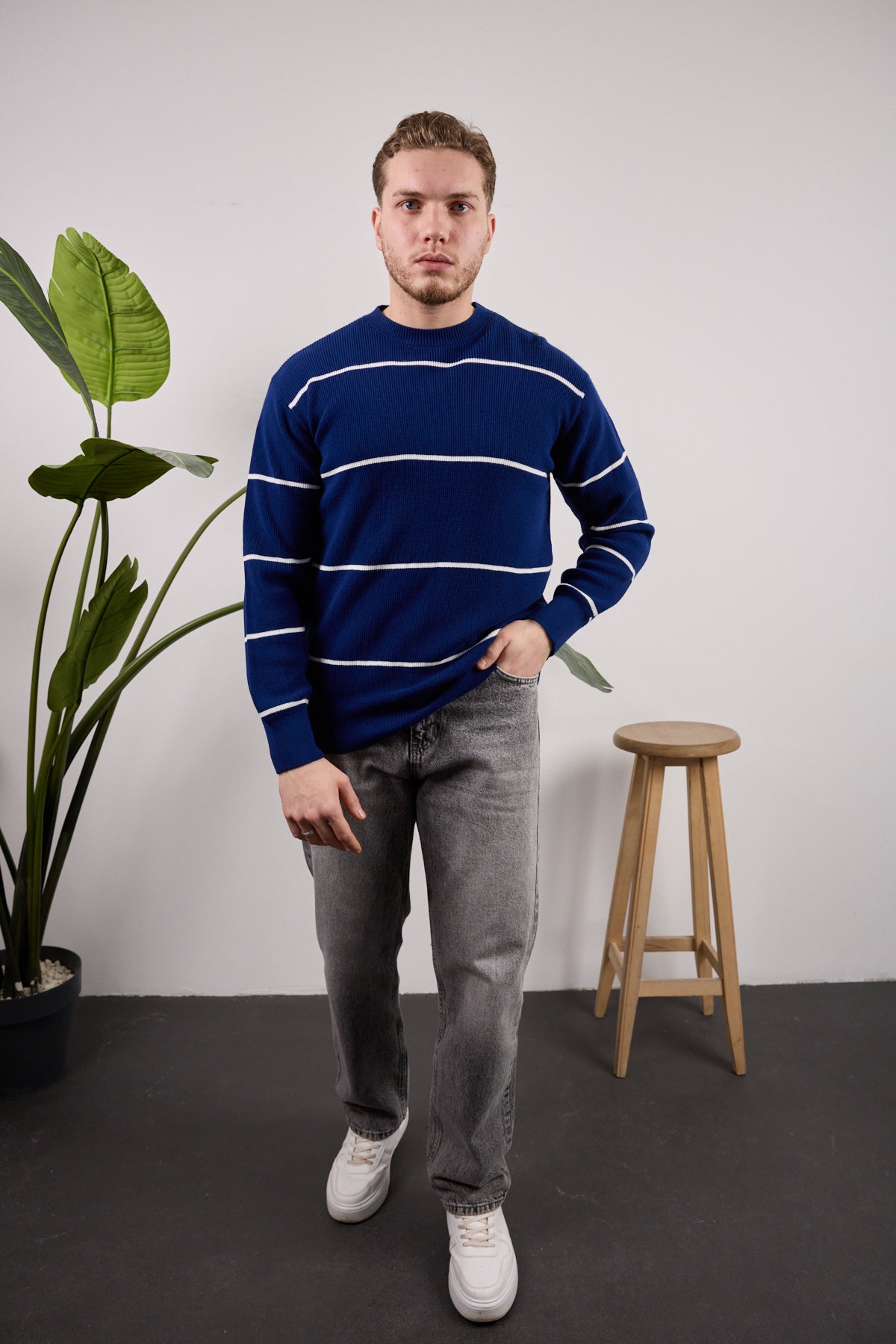 Çizgili Triko Kazak Lacivert