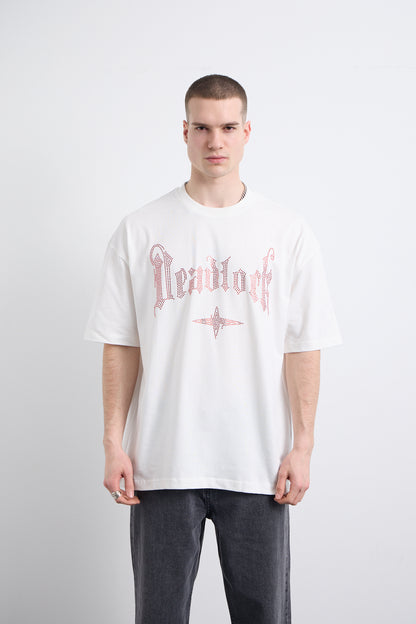 Kırmızı Taş Baskı Detaylı Beyaz T-shirt