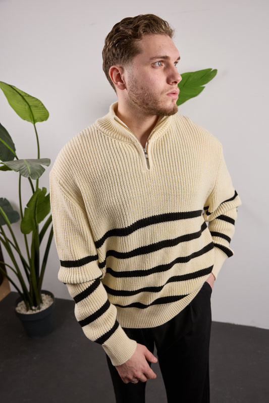 Yarım Fermuarlı Çizgili Triko Kazak Krem