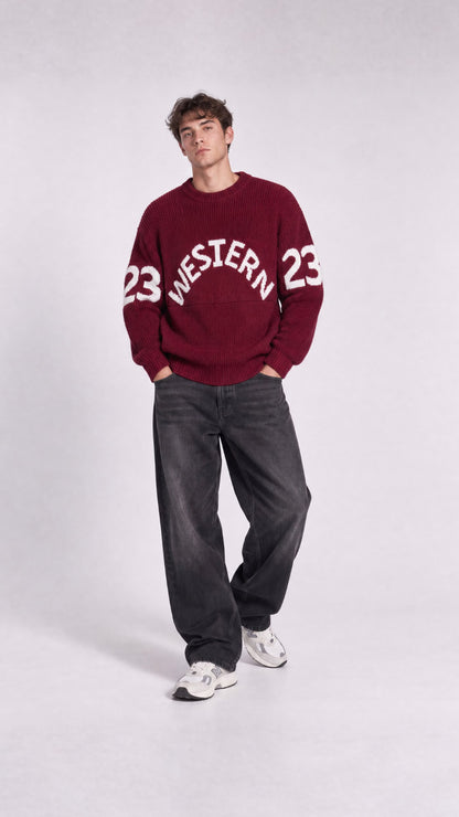 BORDO WESTERN DESENLİ TRİKO KAZAK 25K-036