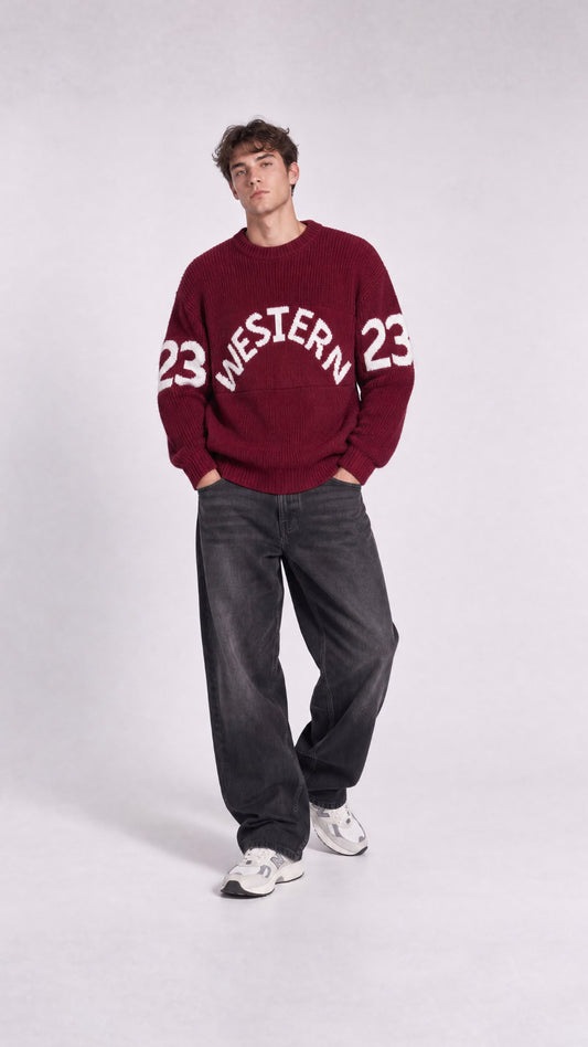 BORDO WESTERN DESENLİ TRİKO KAZAK 25K-036