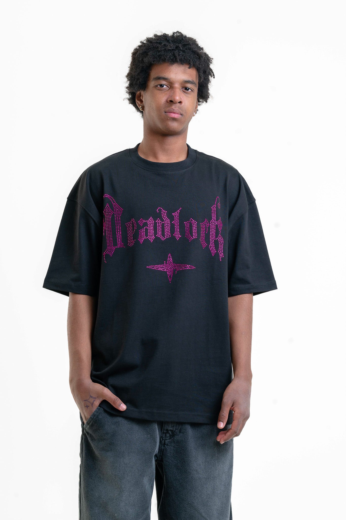 Deadlock Taş Detaylı Oversize T-shirt - Siyah Mor