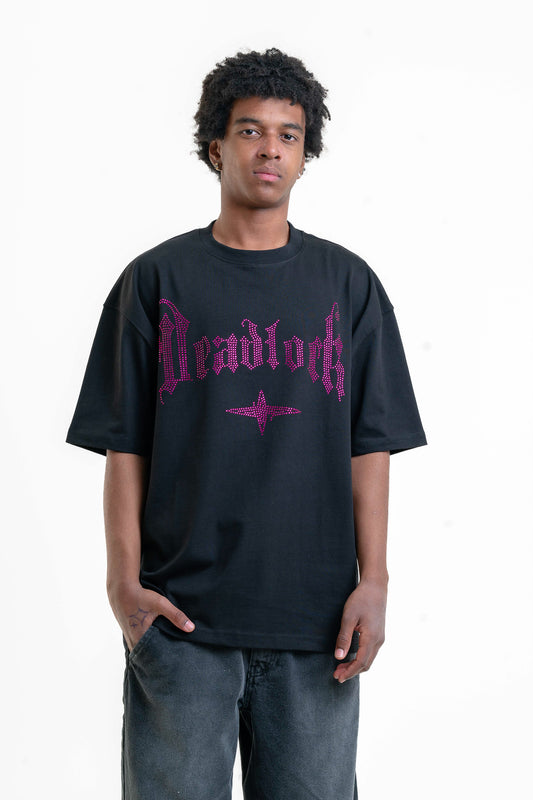 Deadlock Taş Detaylı Oversize T-shirt - Siyah Mor