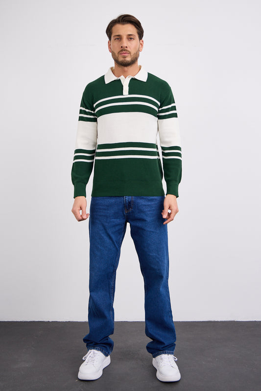 Polo Yaka Çizgili Kazak Haki