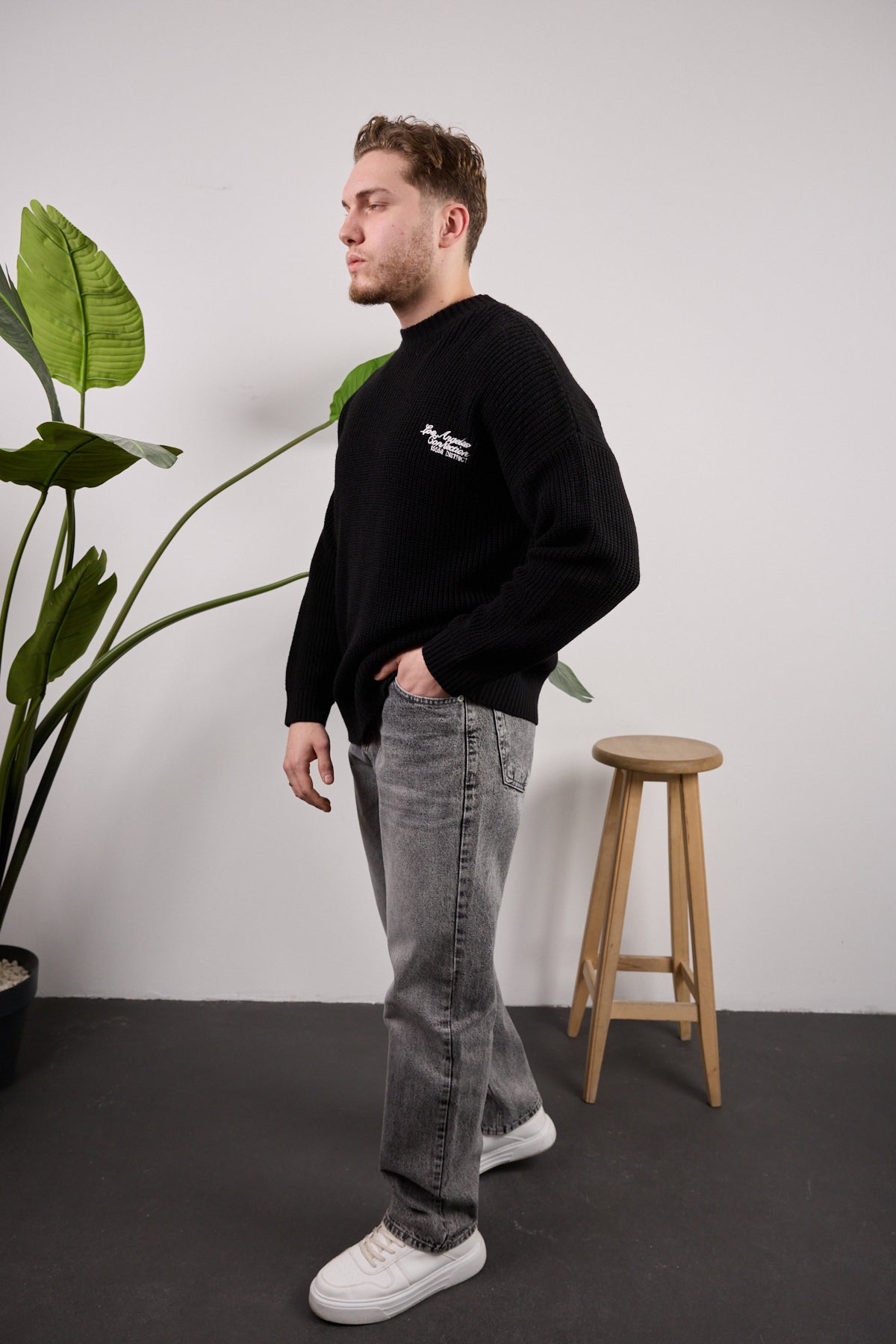 Los Angeles nakışlı triko kazak Siyah