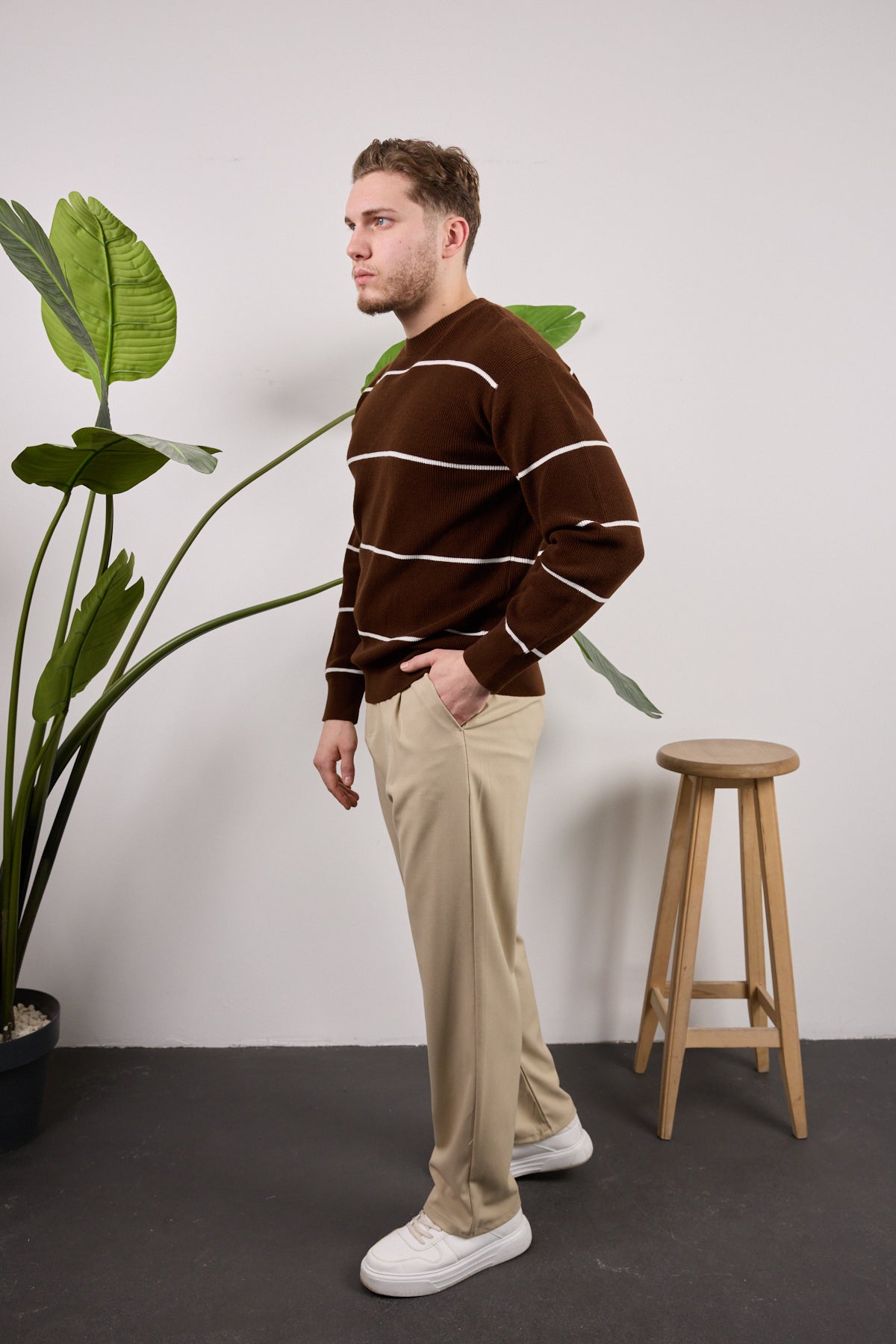 Çizgili Triko Kazak Kahverengi