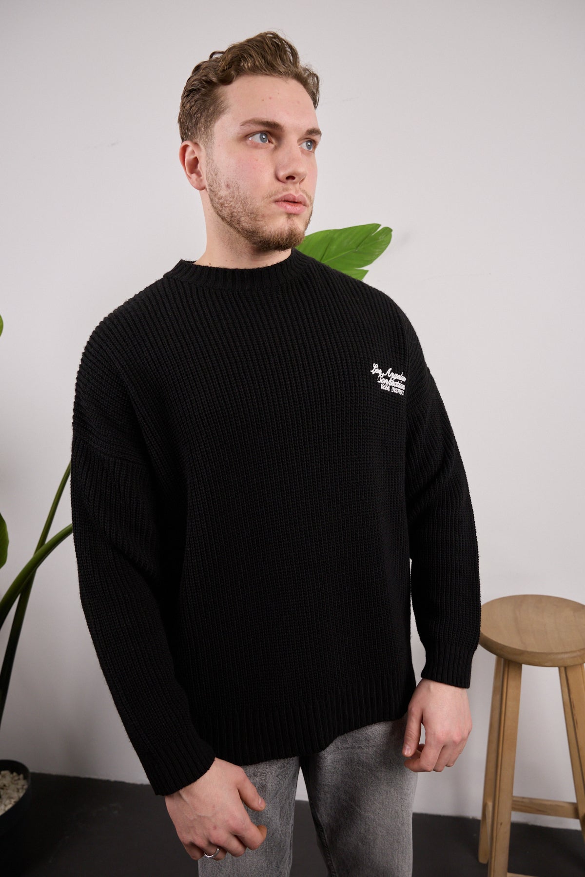 Los Angeles nakışlı triko kazak Siyah