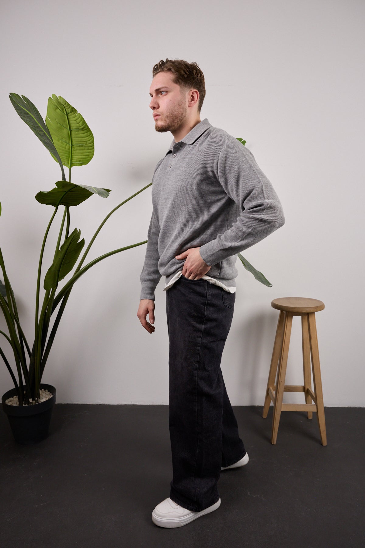 Düğmeli Polo Yaka Kazak Gri