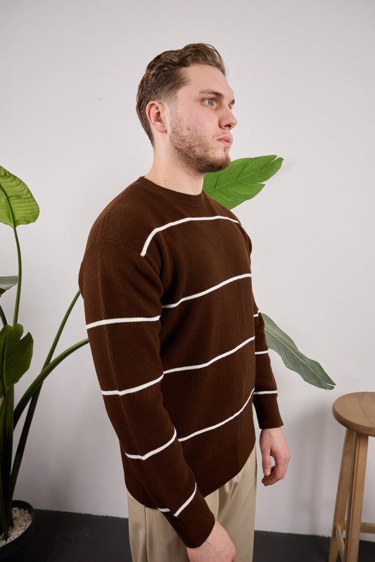 Çizgili Triko Kazak Kahverengi