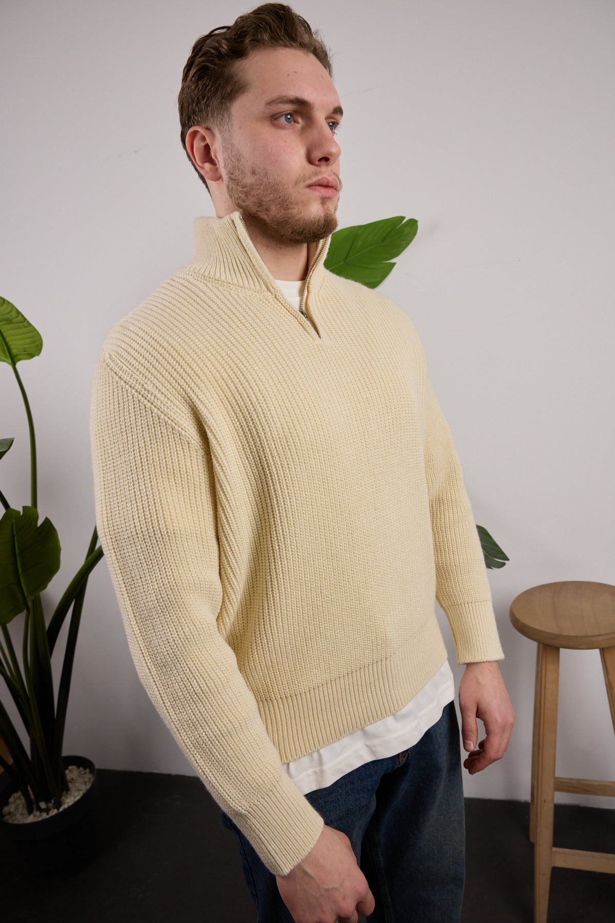 Yarım Fermuarlı Triko Kazak Krem