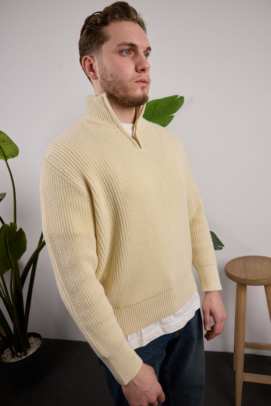 Yarım Fermuarlı Triko Kazak Krem