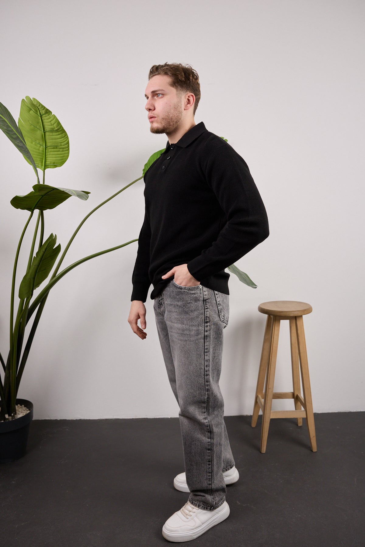 Düğmeli Polo Yaka Kazak Siyah