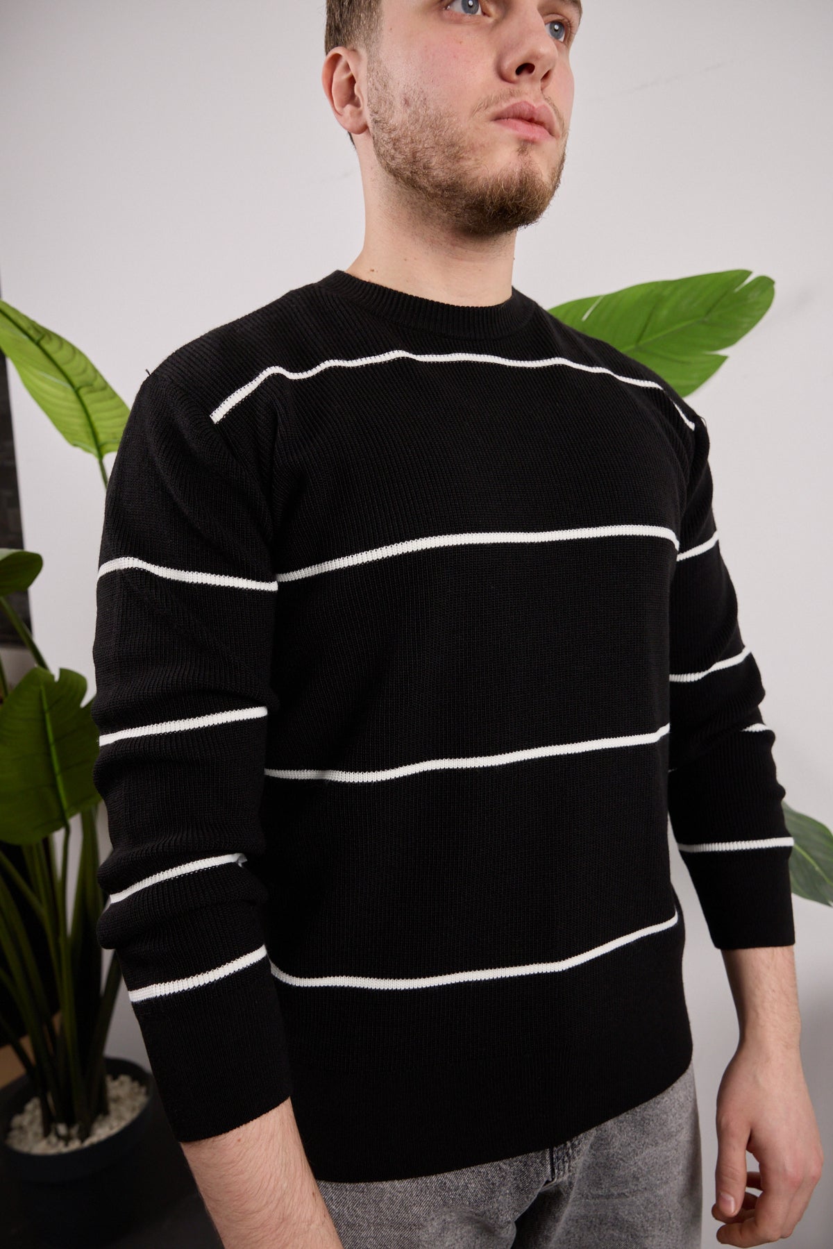 Çizgili Triko Kazak Siyah