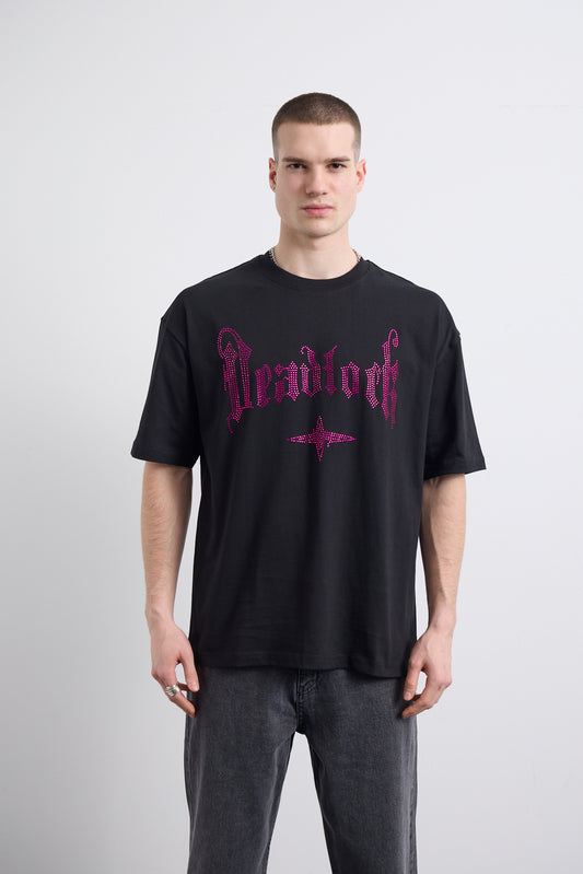 Fuşya Taş Baskı Detaylı Siyah T-shirt