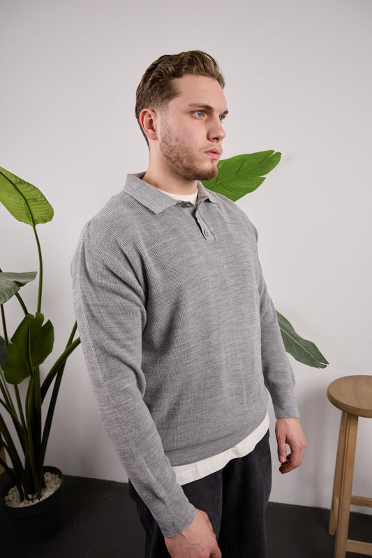 Düğmeli Polo Yaka Kazak Gri