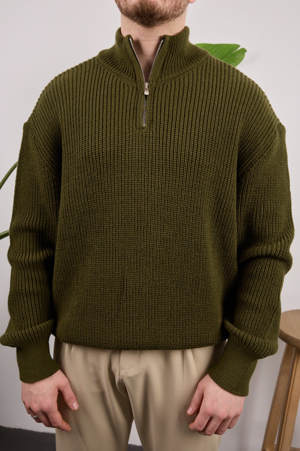 Yarım Fermuarlı Triko Kazak Haki