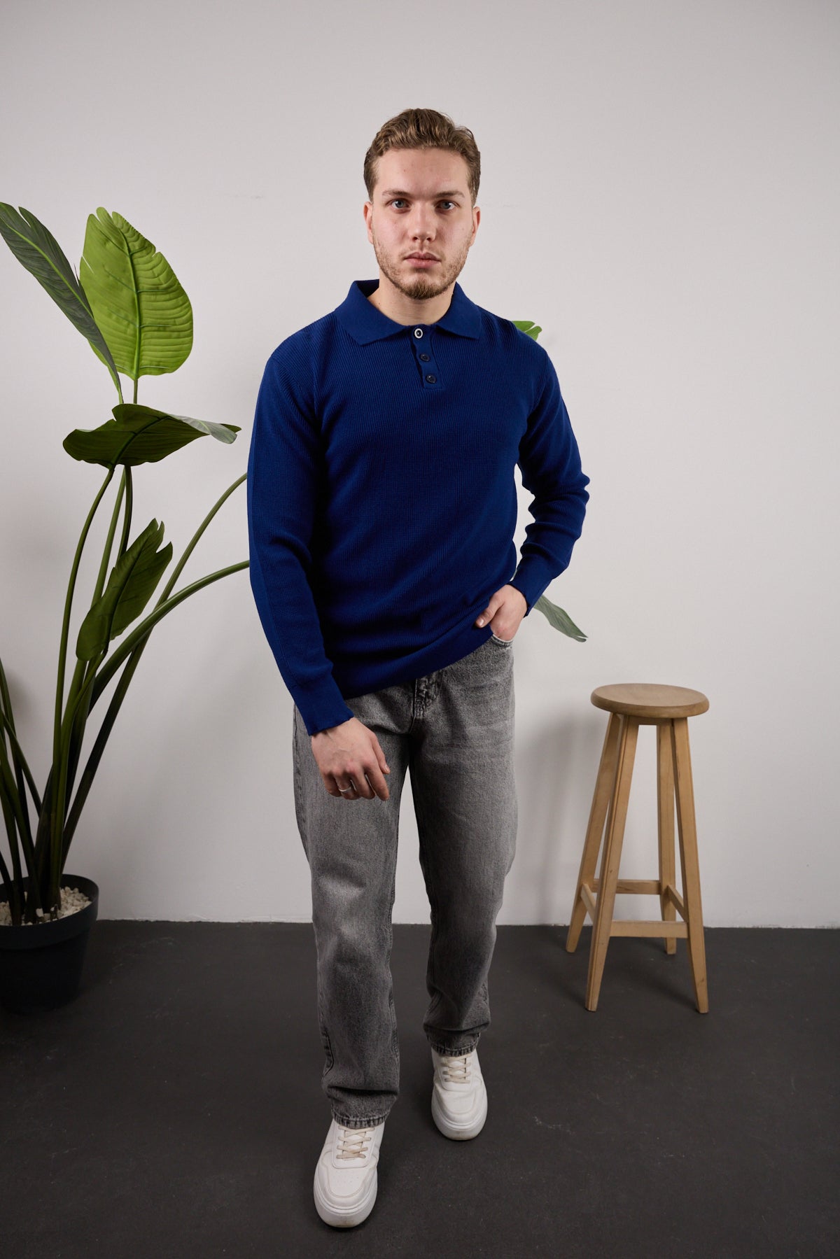 Düğmeli Polo Yaka Kazak Lacivert