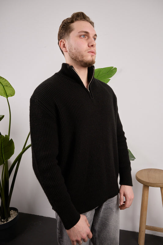 Yarım Fermuarlı Triko Kazak Siyah