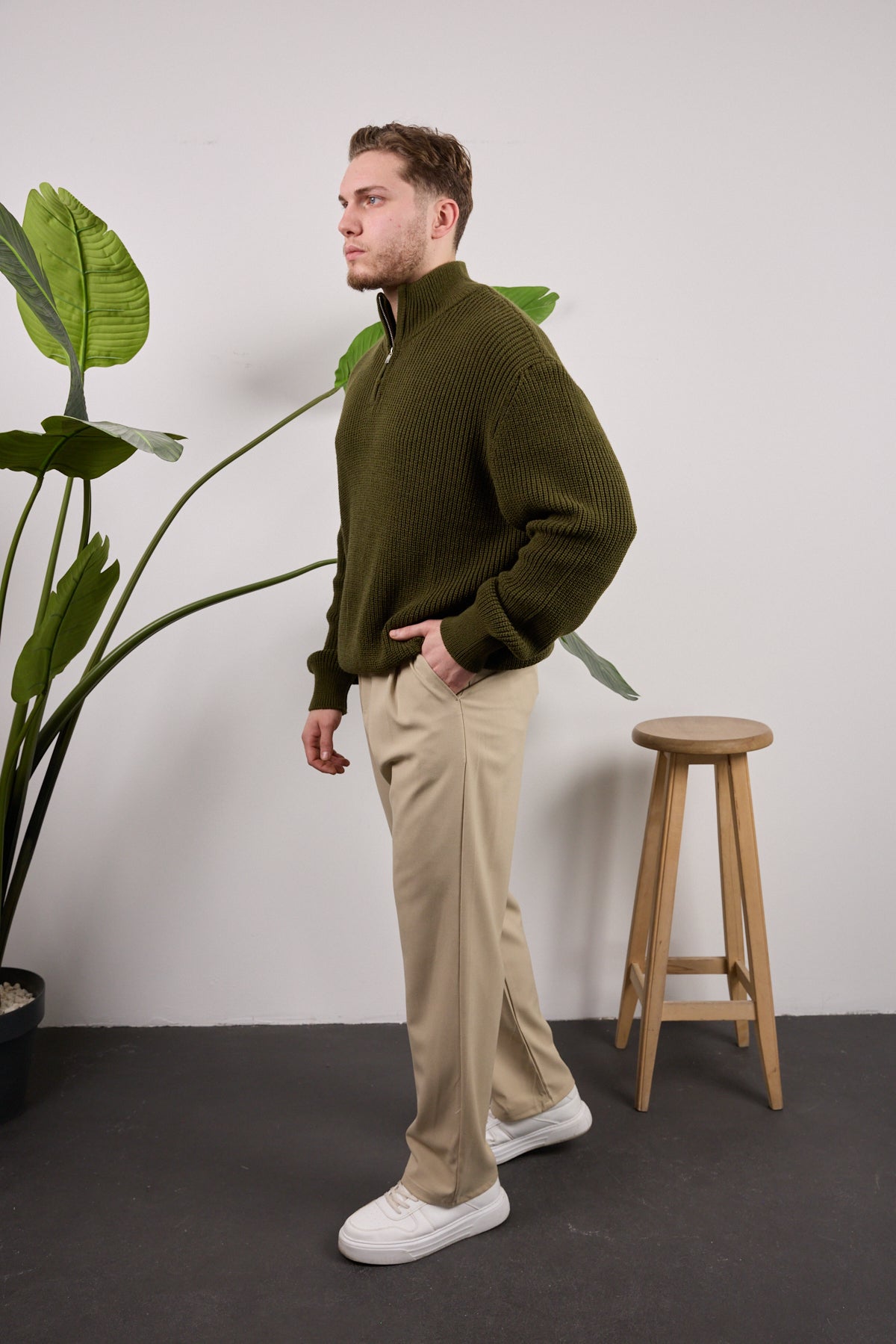 Yarım Fermuarlı Triko Kazak Haki