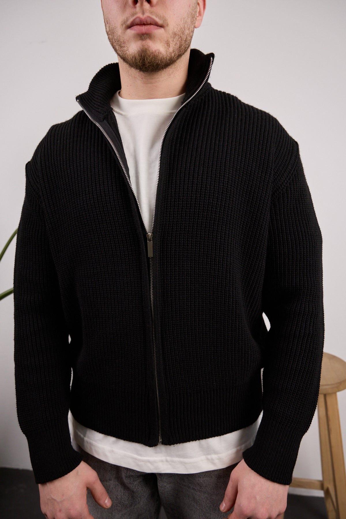 Tam fermuarlı triko kazak Siyah