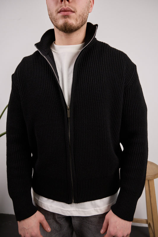 Tam fermuarlı triko kazak Siyah