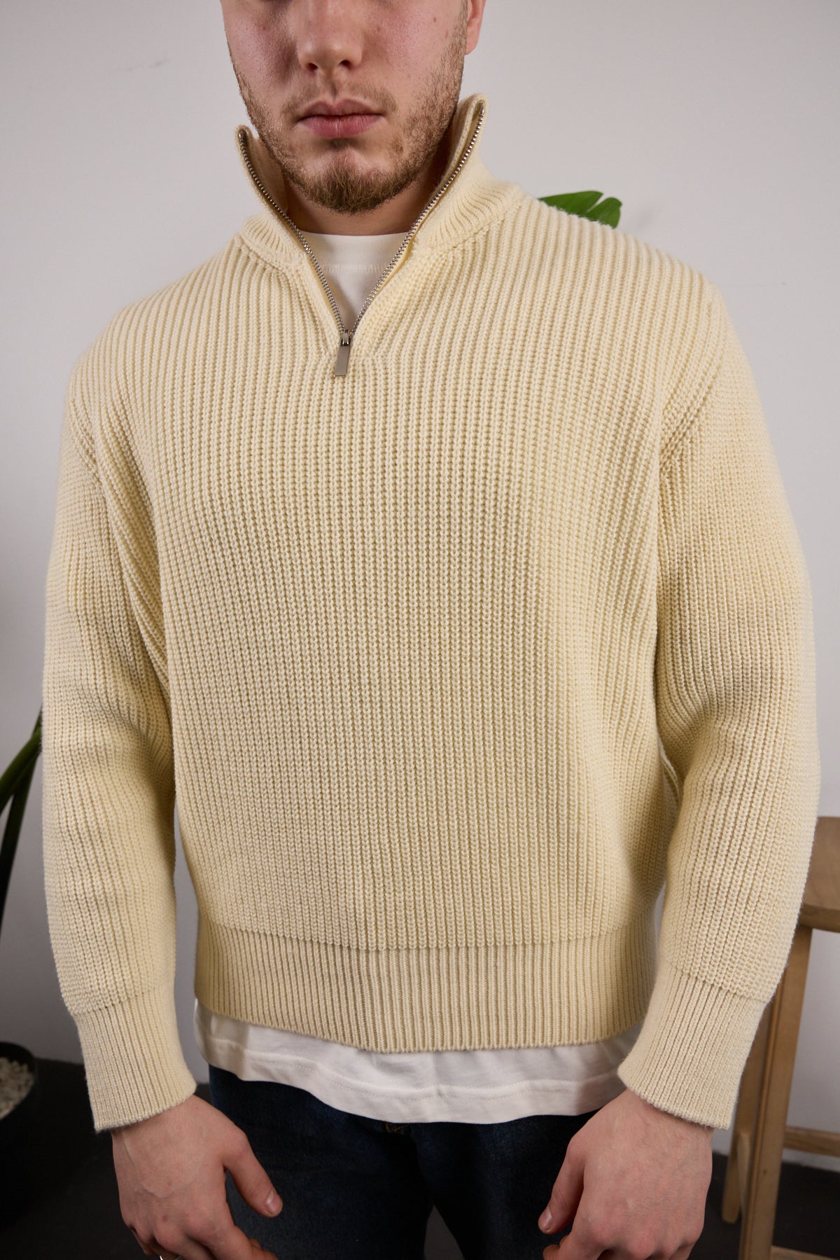 Yarım Fermuarlı Triko Kazak Krem