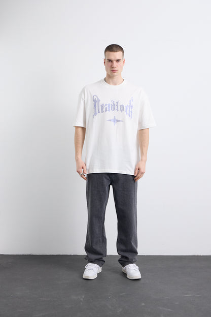 Mor Taş Baskı Detaylı Beyaz T-shirt