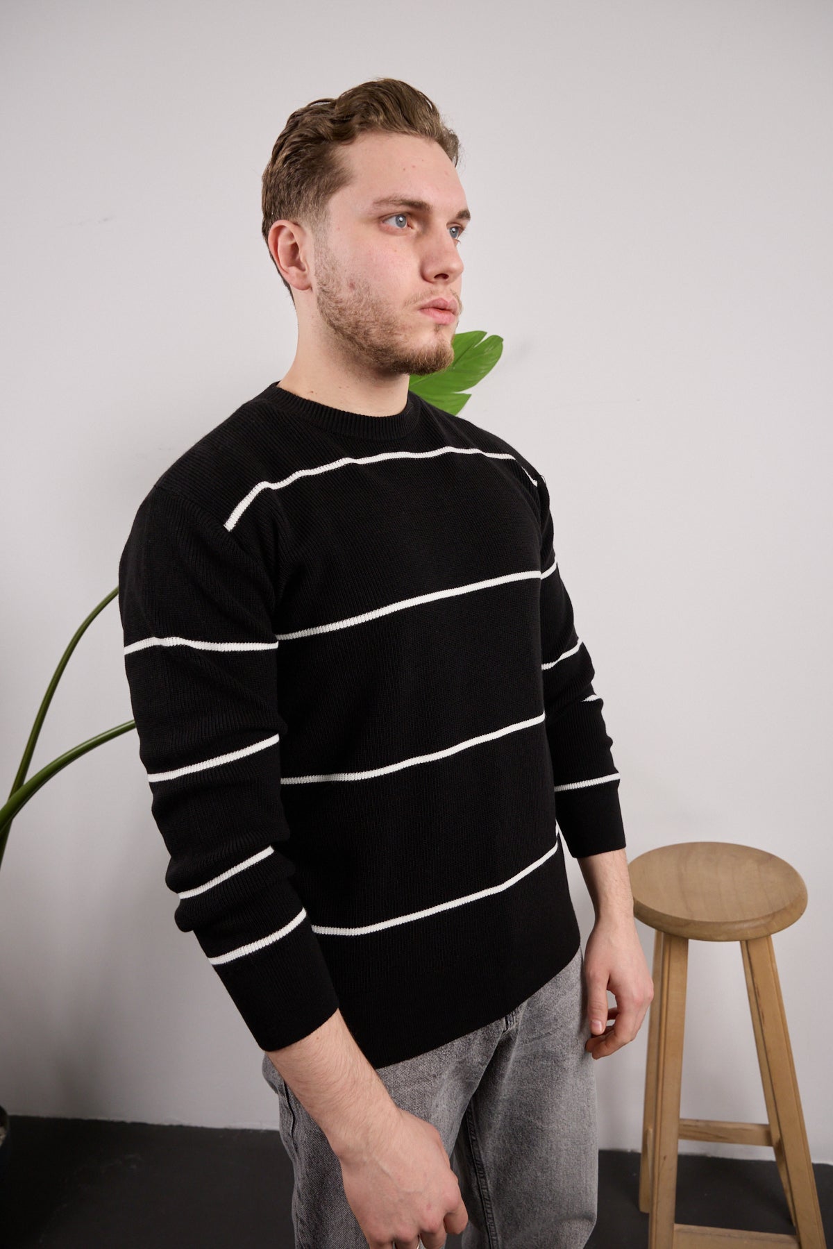 Çizgili Triko Kazak Siyah