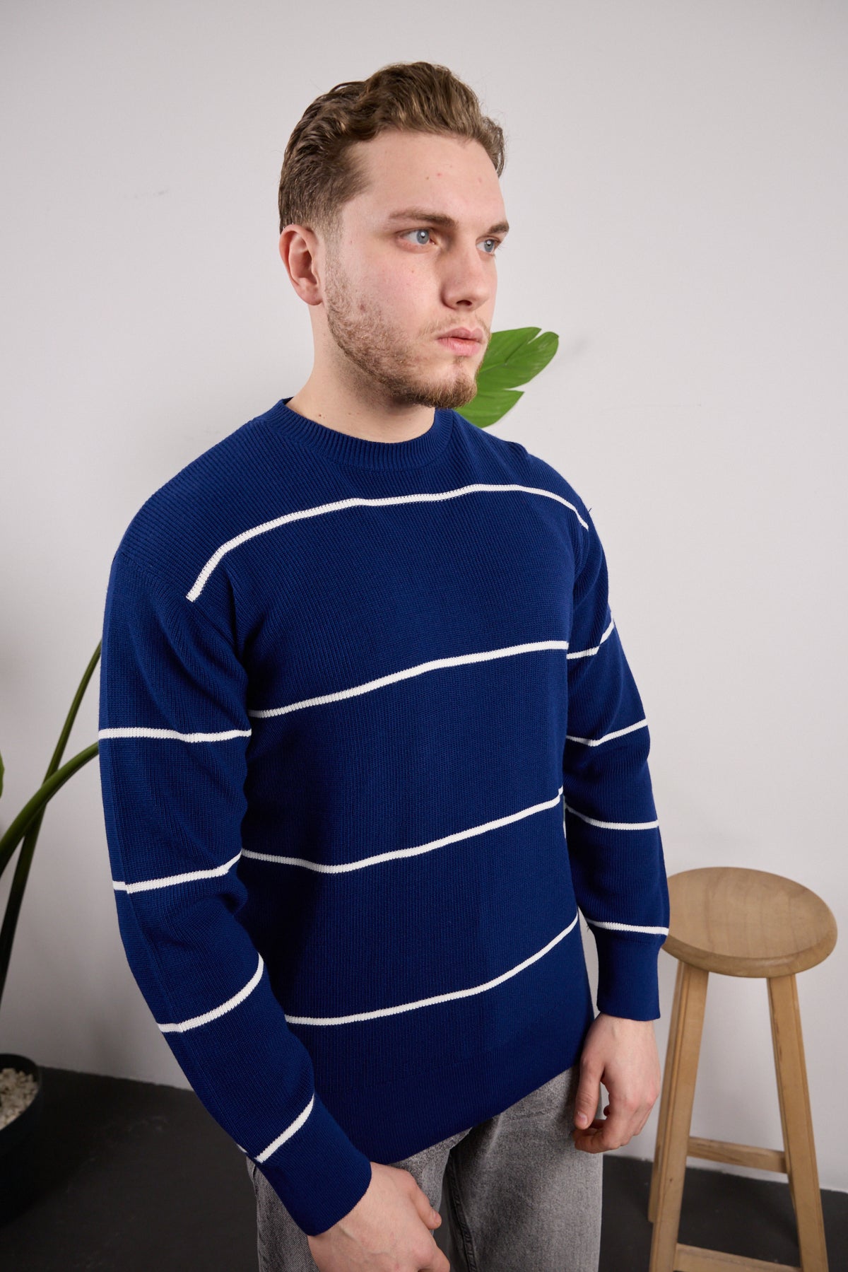 Çizgili Triko Kazak Lacivert