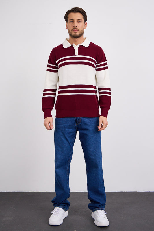 Polo Yaka Çizgili Kazak Bordo