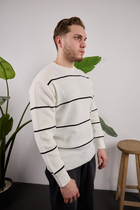 Çizgili Triko Kazak Beyaz