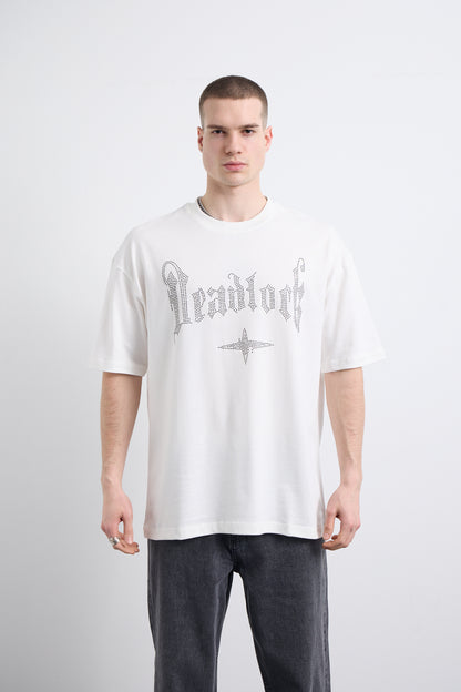 Gri Taş Baskı Detaylı Beyaz T-shirt