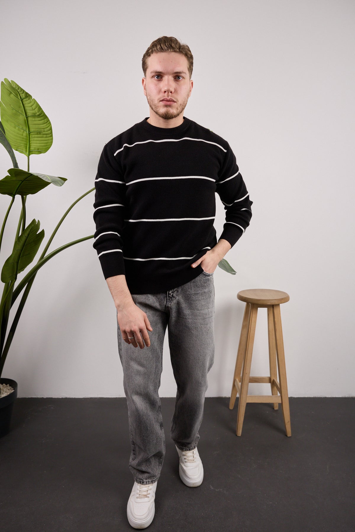 Çizgili Triko Kazak Siyah