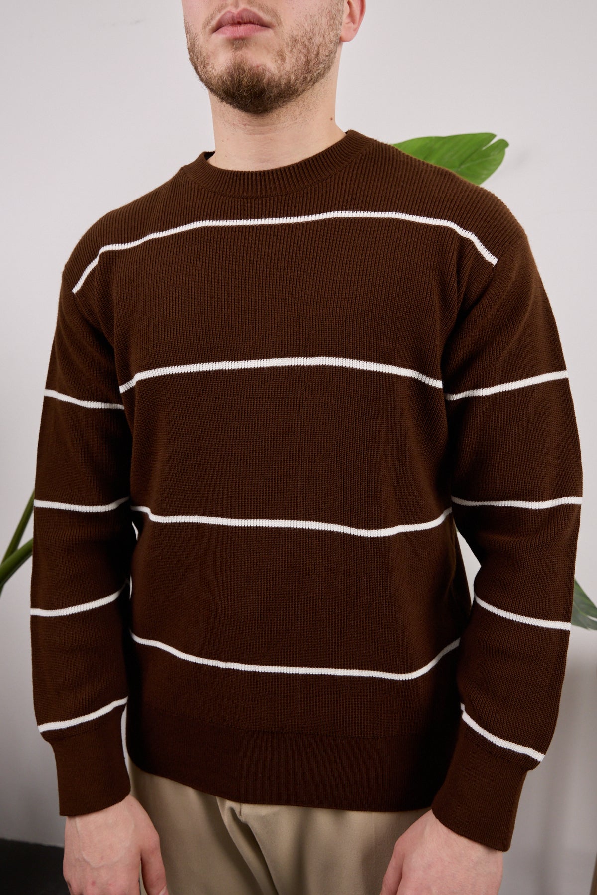 Çizgili Triko Kazak Kahverengi