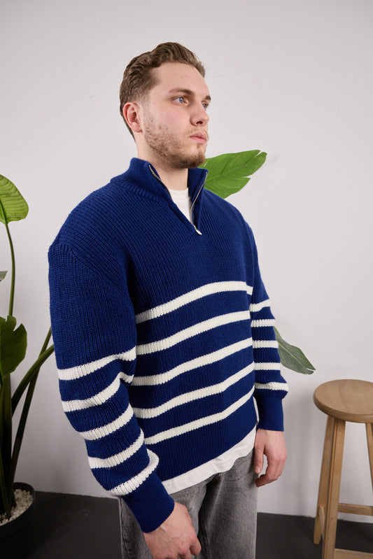 Yarım Fermuarlı Çizgili Triko Kazak Lacivert