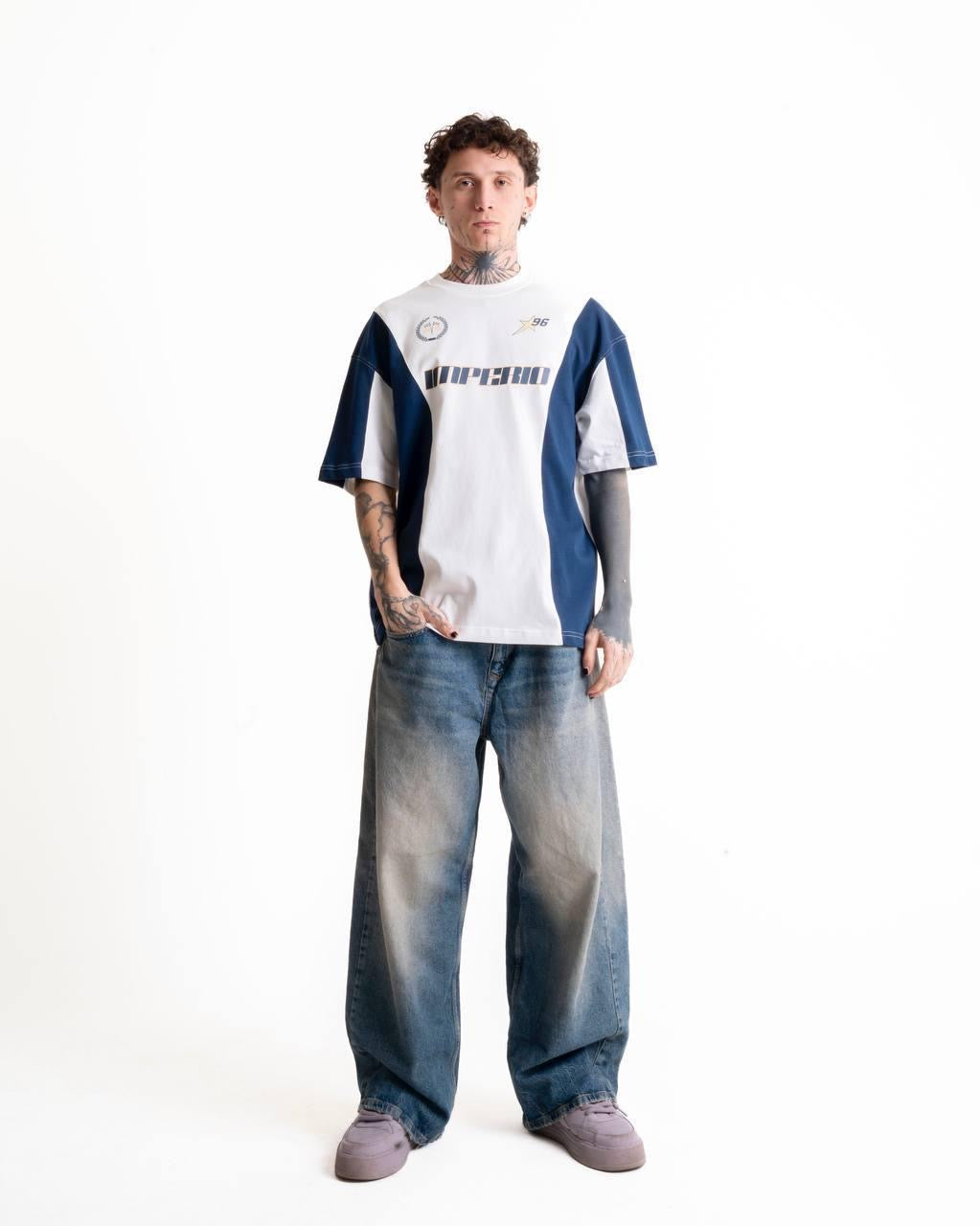 Imperio Baskılı Oversize T-shirt - Beyaz/Lacivert