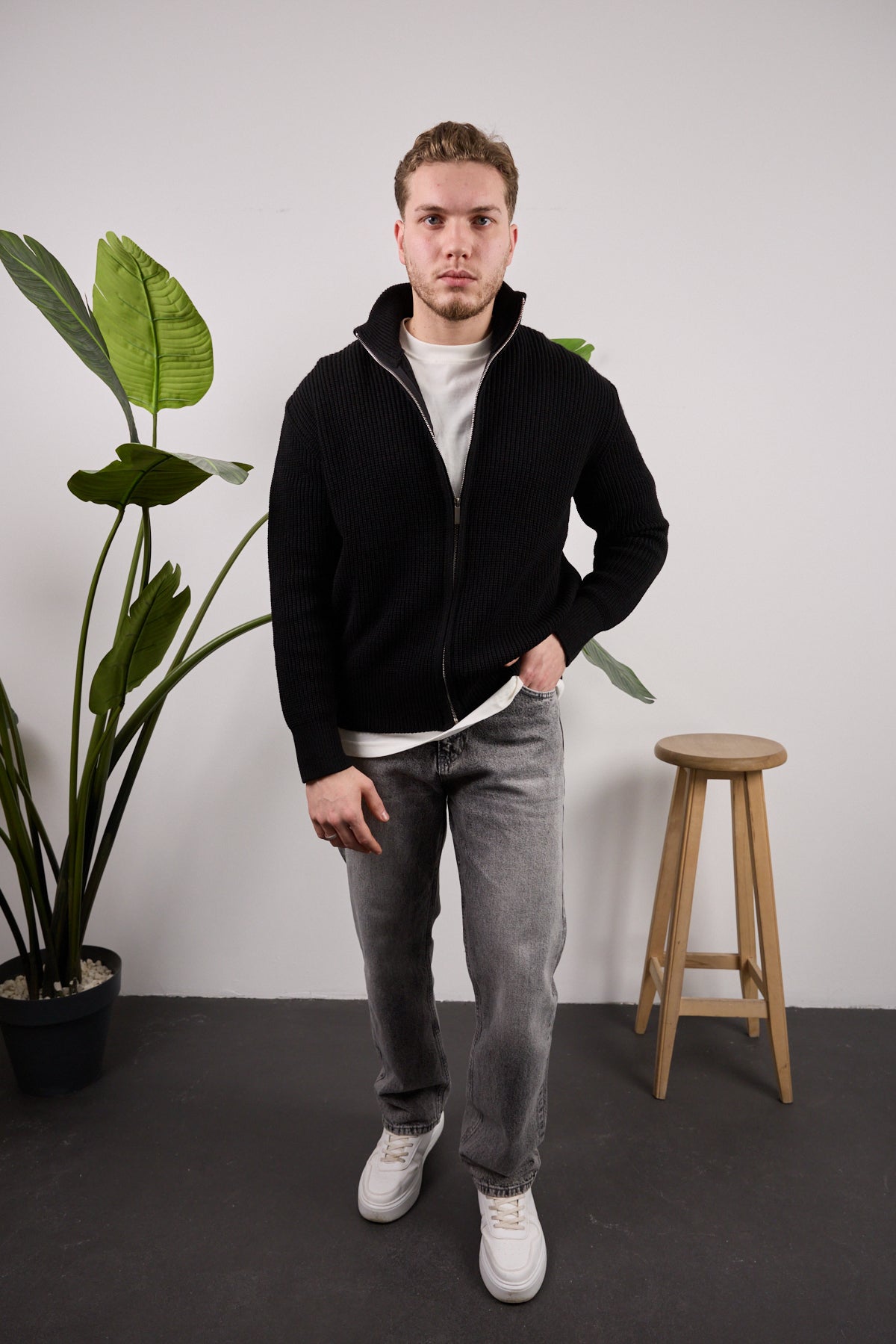 Tam fermuarlı triko kazak Siyah