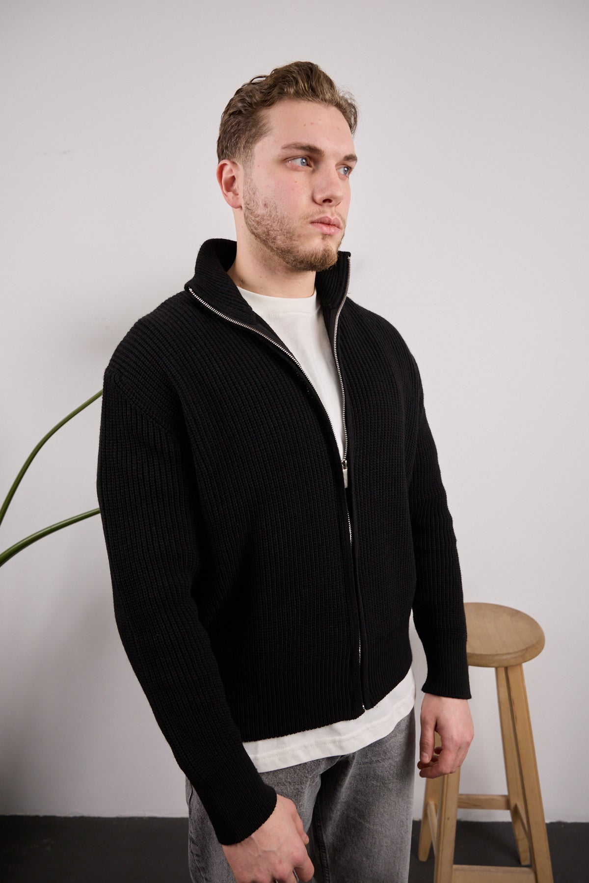 Tam fermuarlı triko kazak Siyah