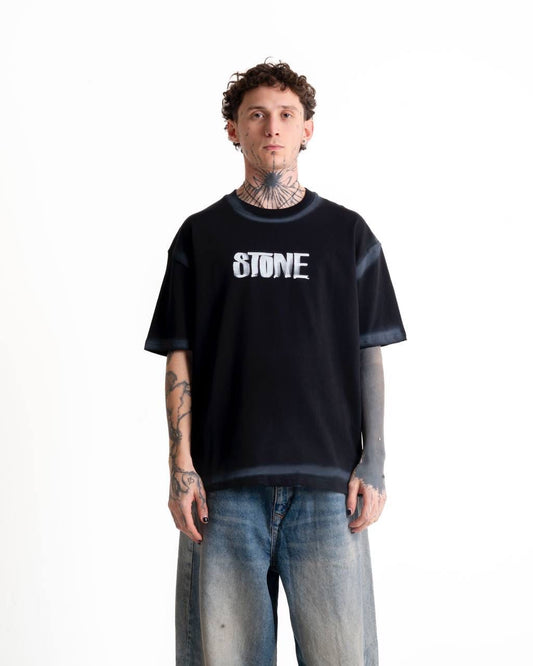 Stone Baskılı Oversize T-shirt - Siyah